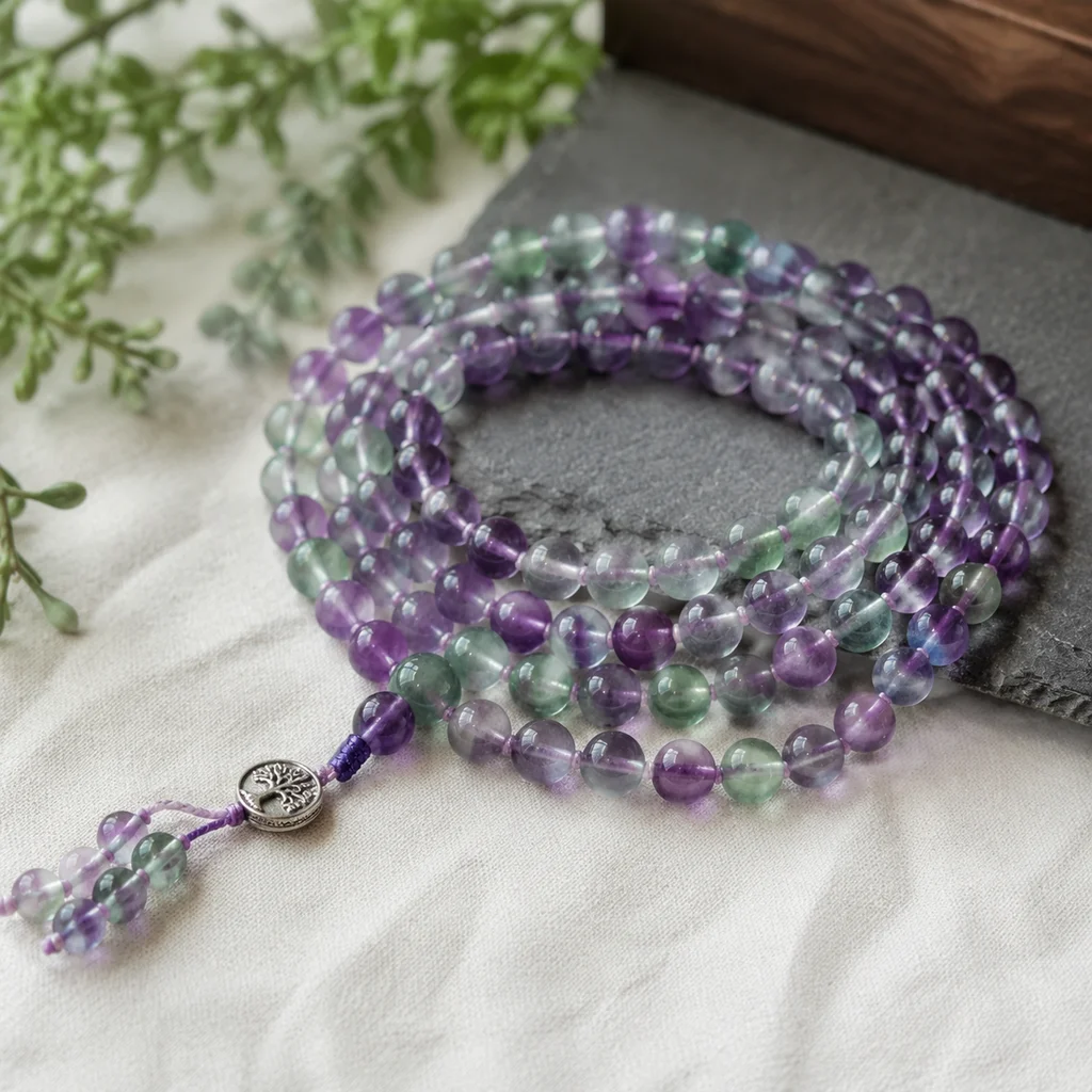 Fluorite Mala Beads: Purple & Green Healing
