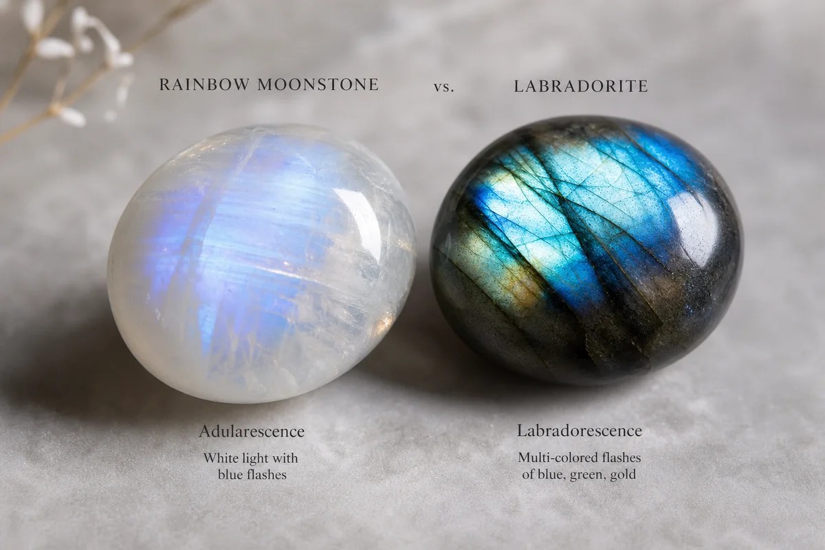 Compare Rainbow Moonstone & Labradorite: Key