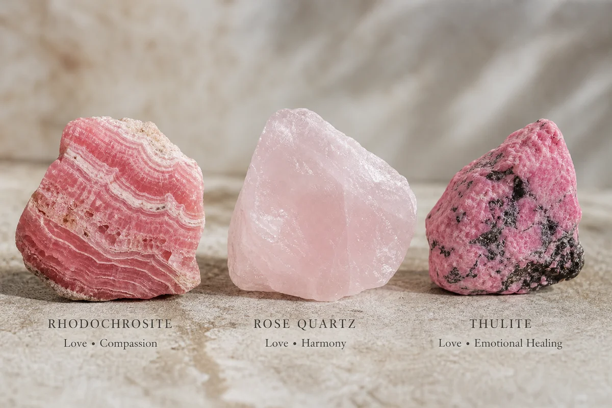 Rhodochrosite vs Rose Quartz vs Thulite