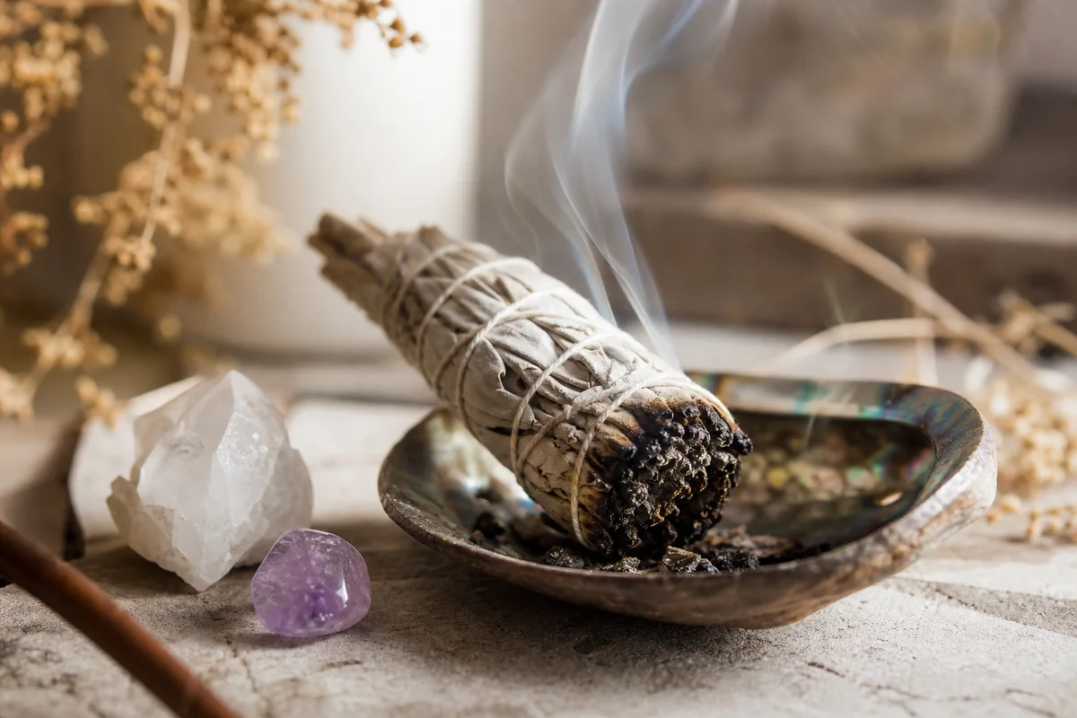 Smudging with sage and crystals